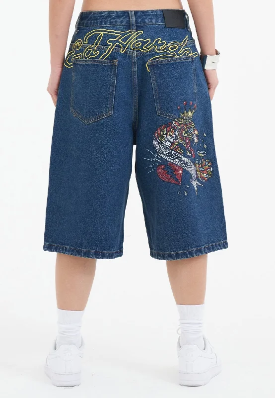 Hurry! While Supplies Last!Hurry! While Supplies Last!Womens Tiger King Diamante Denim Jorts Shorts  - Indigo