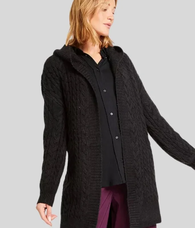 Black Chunky Cable Knit Hooded Cardigan