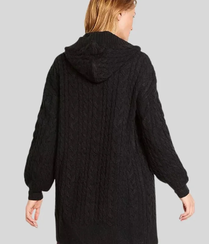 Black Chunky Cable Knit Hooded Cardigan