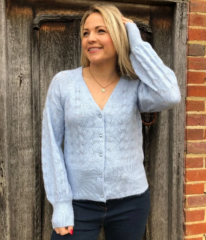 Blue Pointelle Knit Cardigan