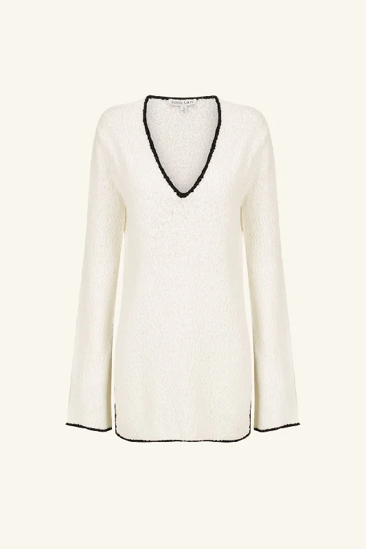 LENA PLUNGED LONG SLEEVE TOP - IVORY/BLACK