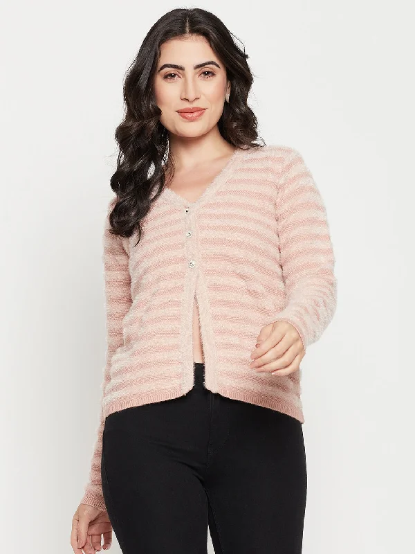 Madame V-Neck Striped Pink Cardigan