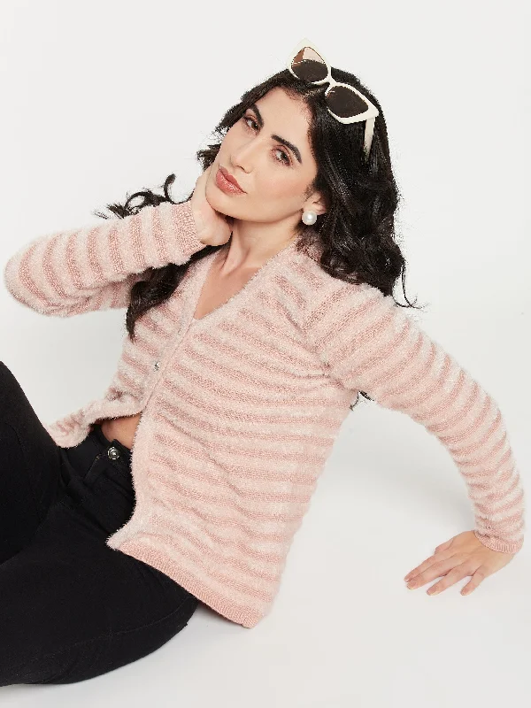 Madame V-Neck Striped Pink Cardigan