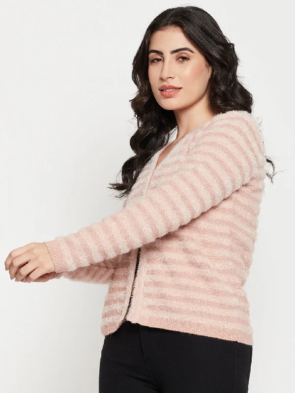 Madame V-Neck Striped Pink Cardigan