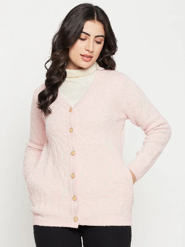 Madame V-neck Solid Pink Cardigan