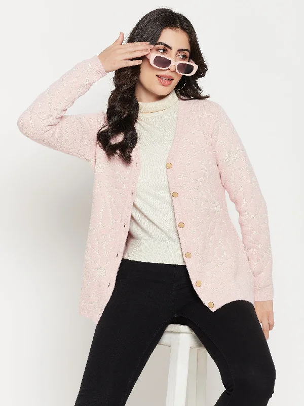 Madame V-neck Solid Pink Cardigan