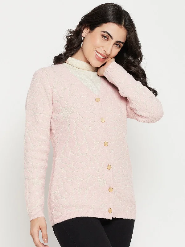 Madame V-neck Solid Pink Cardigan