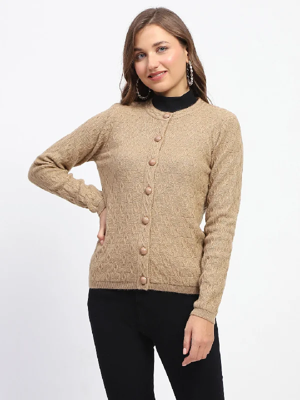 Madame Geometric Pattern Brown Crew Neck Cardigan