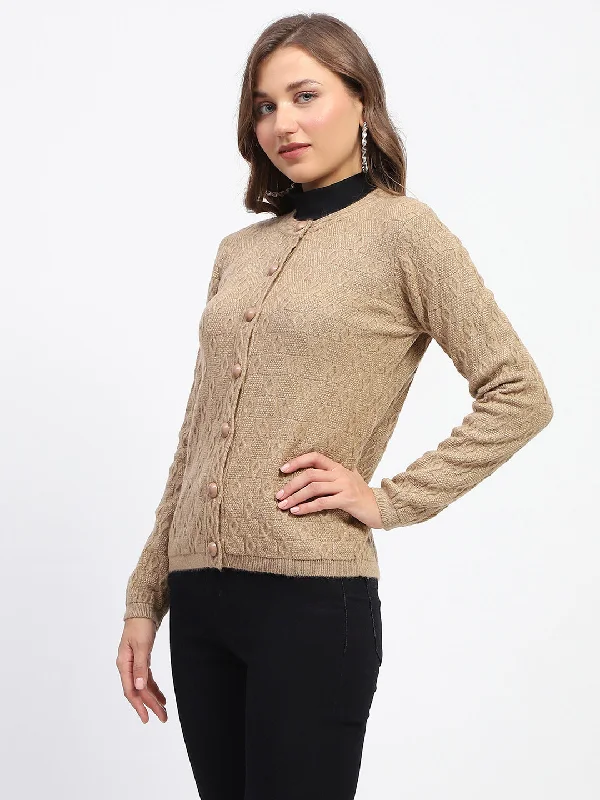 Madame Geometric Pattern Brown Crew Neck Cardigan