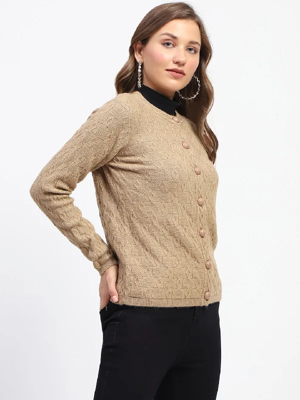 Madame Geometric Pattern Brown Crew Neck Cardigan