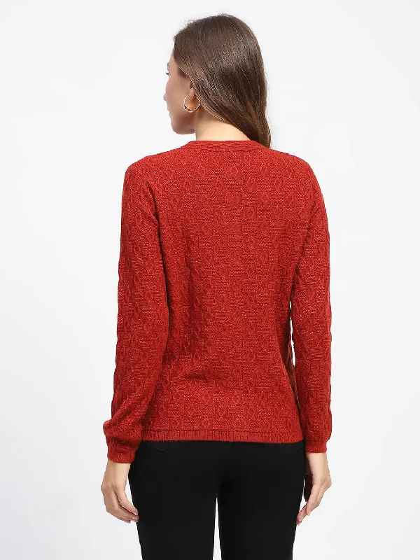 Madame Geometric Pattern Rust Crew Neck Cardigan