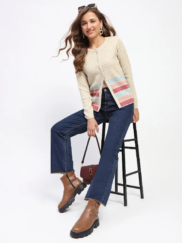 Madame Beige Striped Buttoned Cardigan