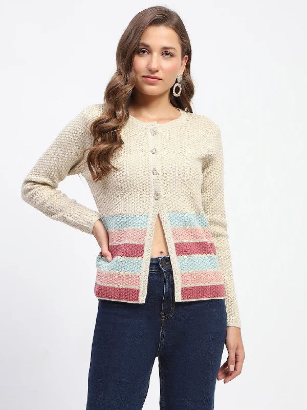 Madame Beige Striped Buttoned Cardigan