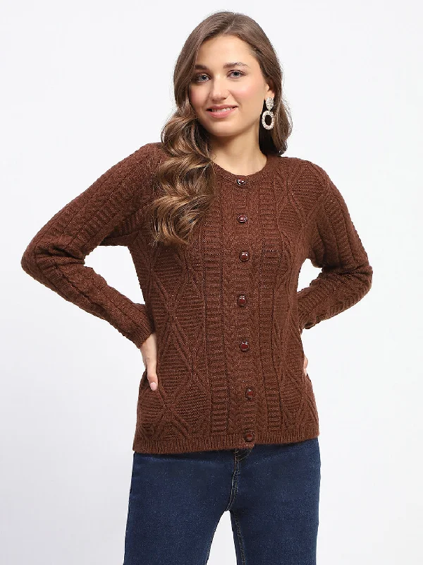 Madame Ribbed Cuff Geometric Pattern Brown Cardigan