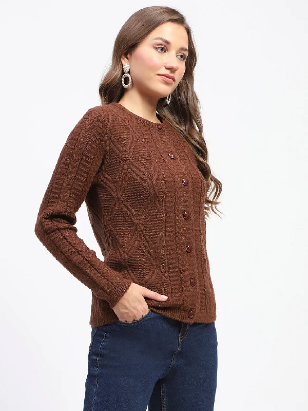 Madame Ribbed Cuff Geometric Pattern Brown Cardigan