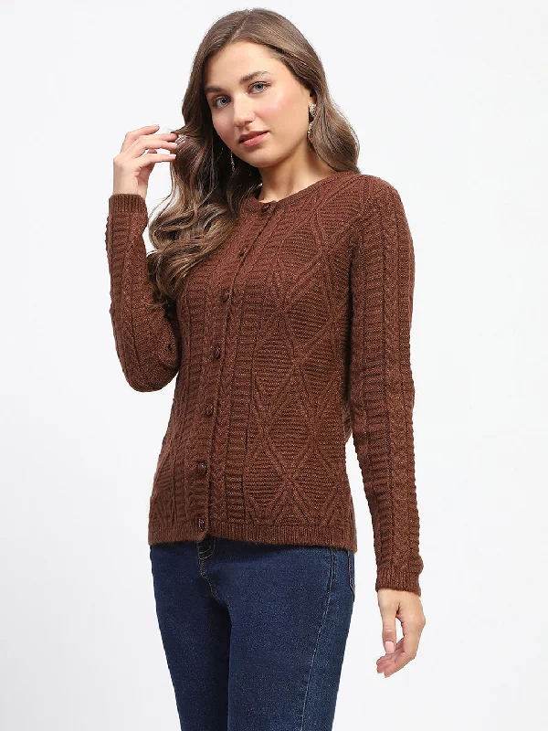 Madame Ribbed Cuff Geometric Pattern Brown Cardigan