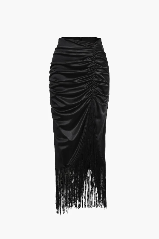 Tassel Hem Gathered Satin Midi Skirt