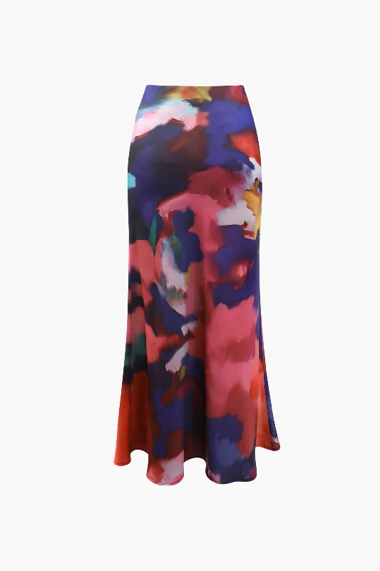 Abstract Print Satin Midi Skirt