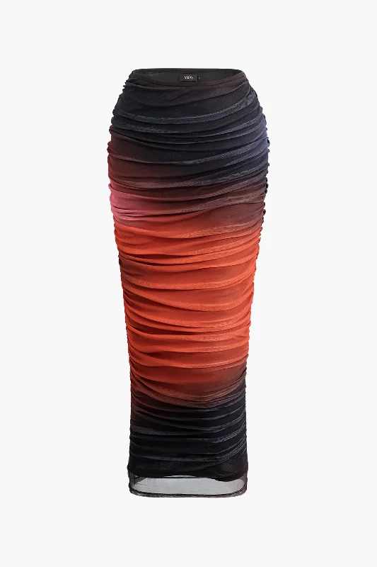 Ombre Mesh Ruched Maxi Skirt