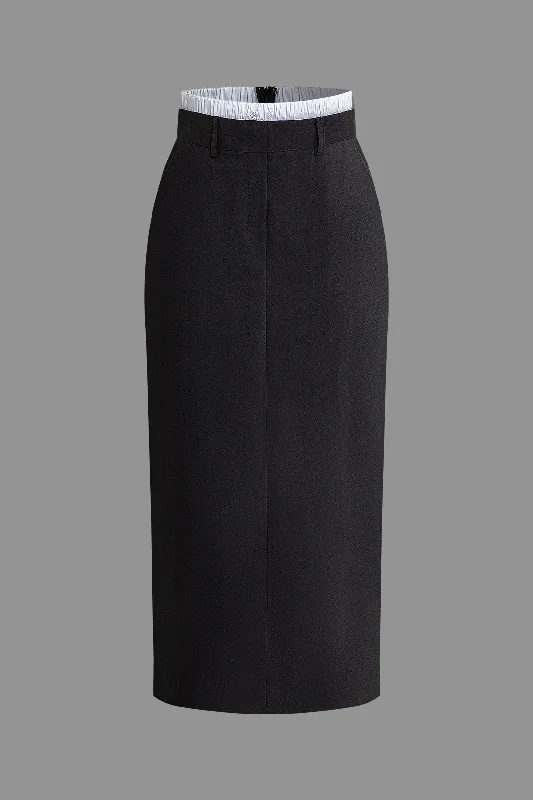 Patchwork Zipper Split Midi Skirt