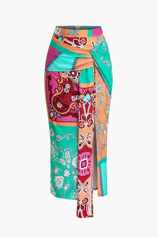 Paisley Print Split Wrap Midi Skirt