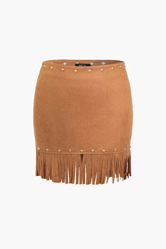 Solid Fringe Studded Mini Skirt