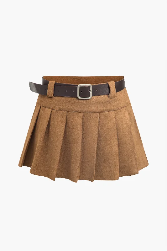 Solid Belted Pleated Mini Skirt