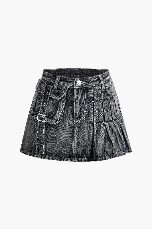 Flap Pocket Pleated Cargo Denim Mini Skirt