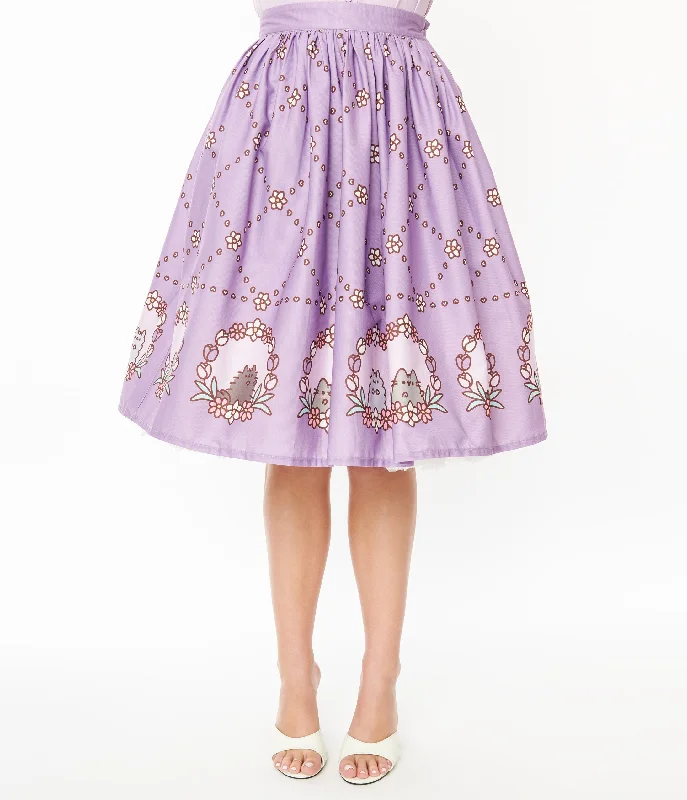 Pusheen x Unique Vintage Lavender Pusheen Floral Frame Print Gellar Swing Skirt