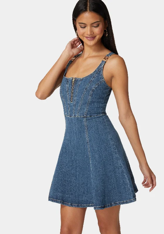 Trim Detail Fit & Flare Denim Dress