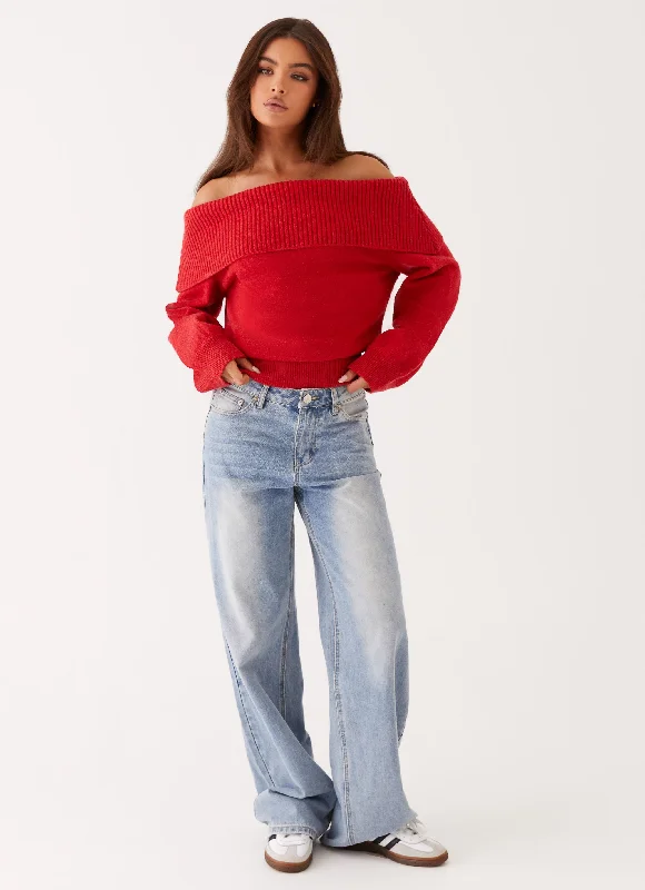 Bardot Knit Long Sleeve Top - Cherry