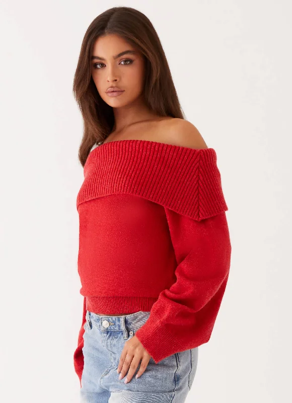 Bardot Knit Long Sleeve Top - Cherry