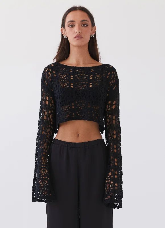 Free Mind Crochet Long Sleeve Top - Black