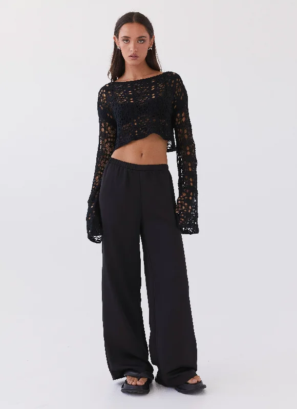 Free Mind Crochet Long Sleeve Top - Black