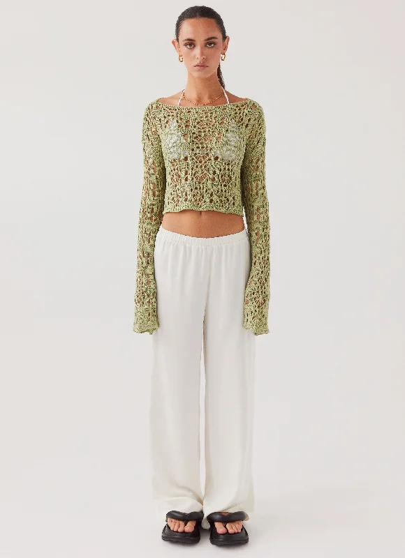 Free Mind Crochet Long Sleeve Top - Light Olive