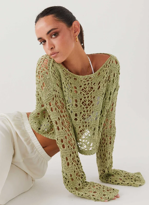 Free Mind Crochet Long Sleeve Top - Light Olive