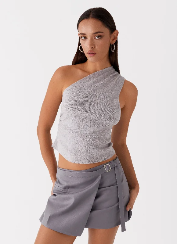 Indy One Shoulder Knit Top - Grey