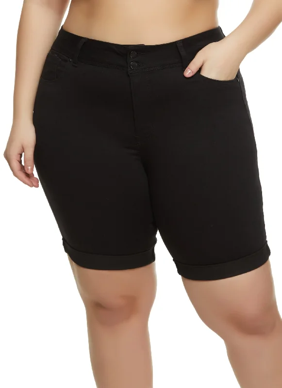 Plus Size Fixed Cuff Denim Bermuda Shorts