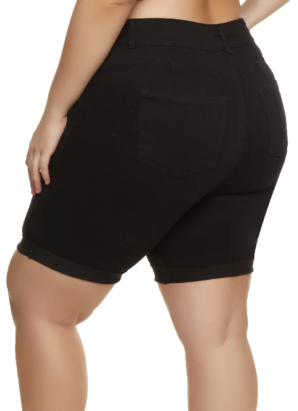 Plus Size Fixed Cuff Denim Bermuda Shorts