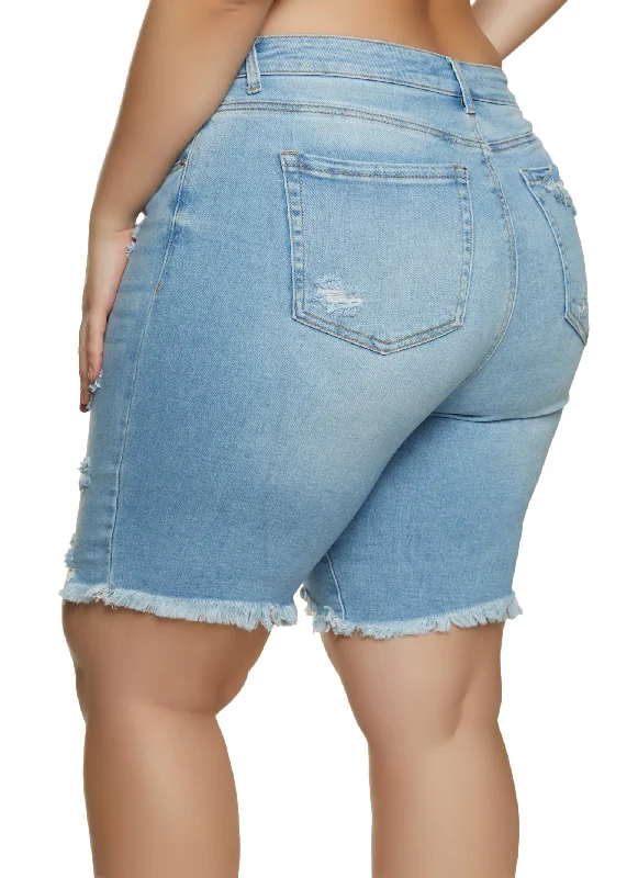 Plus Size Distressed Denim Bermuda Shorts