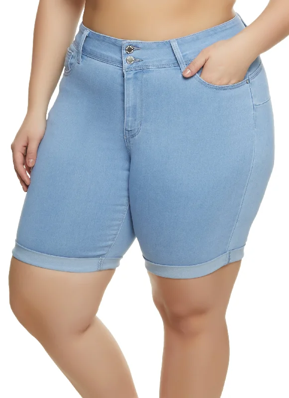 Plus Size Fixed Cuff Denim Bermuda Shorts