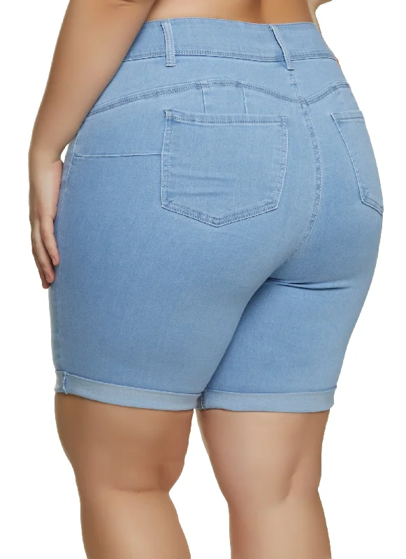 Plus Size Fixed Cuff Denim Bermuda Shorts