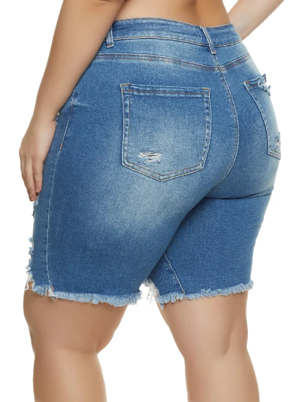 Plus Size Distressed Denim Bermuda Shorts