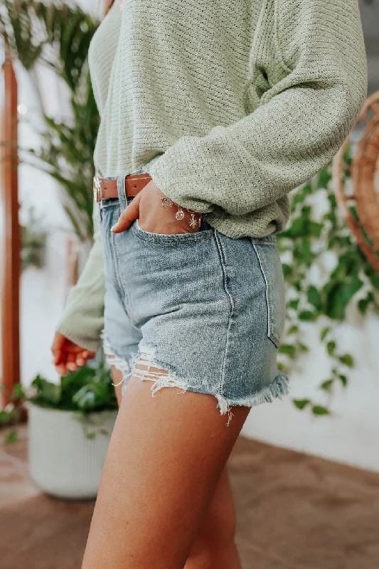 Catch Up Distressed Medium Wash Denim Shorts - FINAL SALE