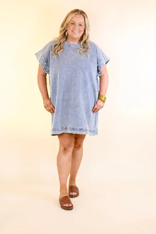 Dance All Night Denim Dress with Pearls and Crystals in Light Wash