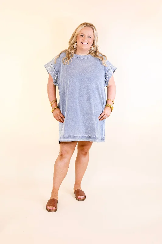 Dance All Night Denim Dress with Pearls and Crystals in Light Wash