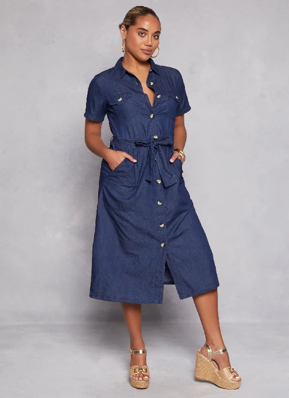 Denim Tie Waist Belted Shirt Dress