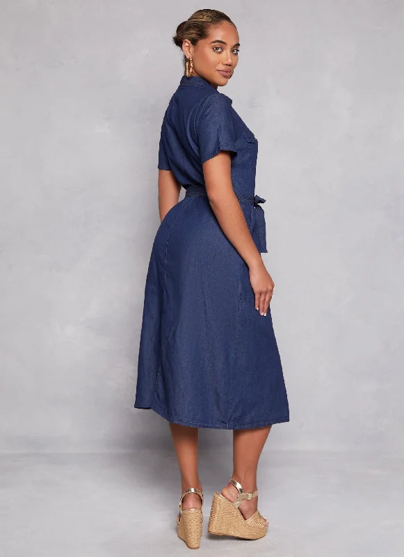 Denim Tie Waist Belted Shirt Dress