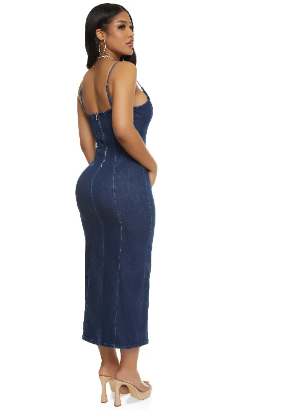 Haute Monde Denim Side Slit Cami Midi Dress