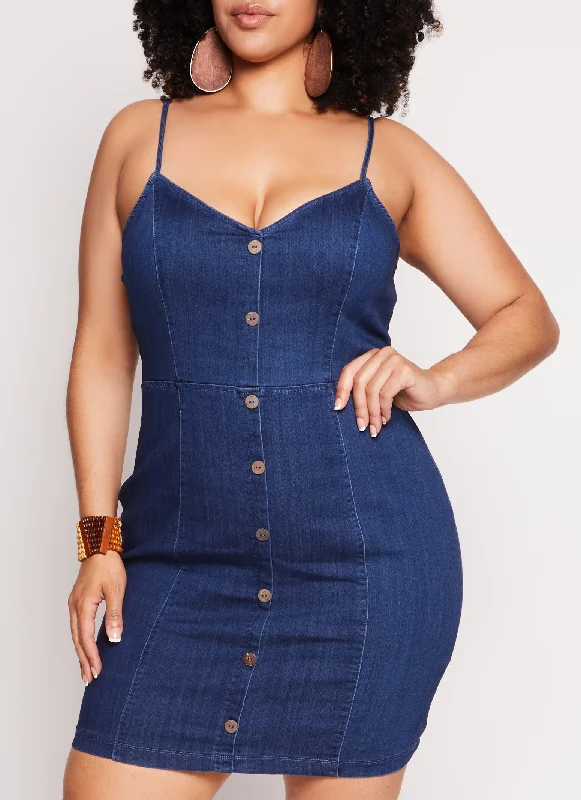 Plus Size Denim Faux Button Front Cami Dress